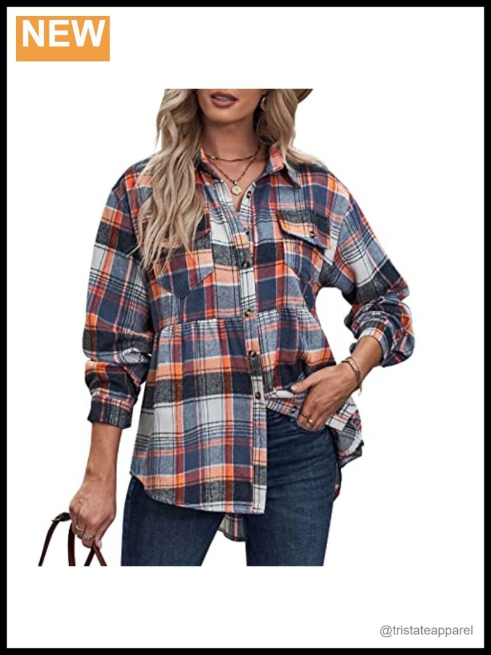 Women's Oversized Plaid Flannel Button Down Shirt - Top with Ruffled Peplum Hem